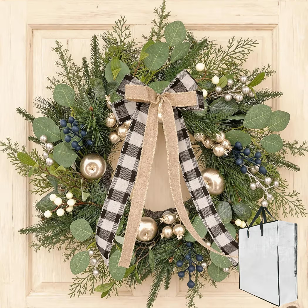 24 Inch Christmas Wreath for Front Door with Storage Bag - Gold Apple & Blue/White Berry Holiday Wreath with Buffalo Plaid Bow - Realistic Winter Greenery for Outdoor Christmas Decorations | Amazon (US)