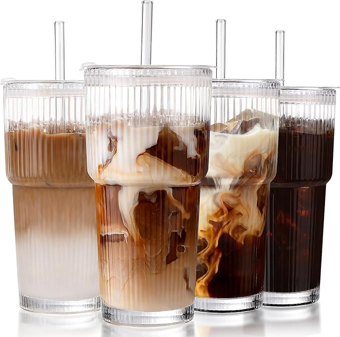 Iced Coffee Cups with Lids: Coffee Bar Accessories - Ribbed Glass Tumbler with Straw and Lid 4Pcs... | Amazon (US)