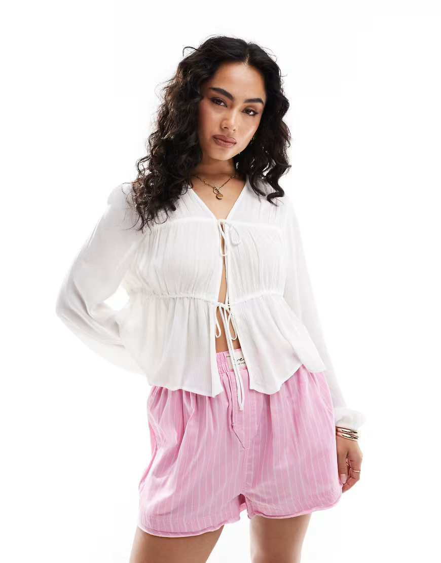 ONLY tie front plisse top in white | ASOS (Global)