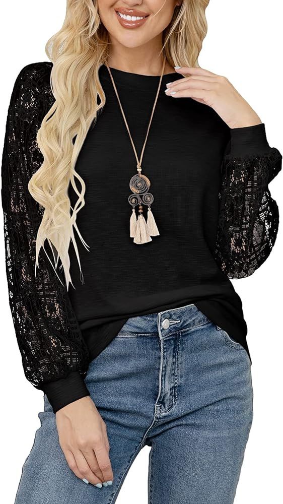 HAOMEILI Women’s Long Sleeve Tops Lace Shirt Casual Loose T Shirts Blouses | Amazon (US)