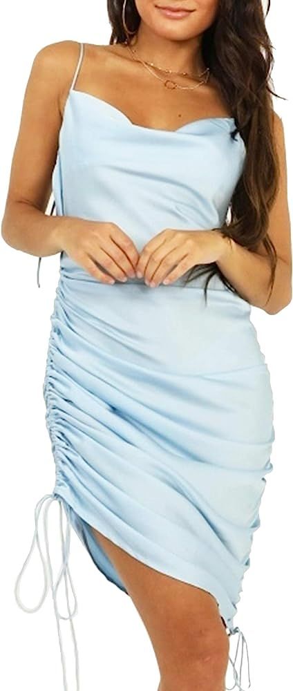 Satin Jacquard Cowl Neck String Along Mini Dress Side Ruched Silky Slip Camisole Dresses | Amazon (US)