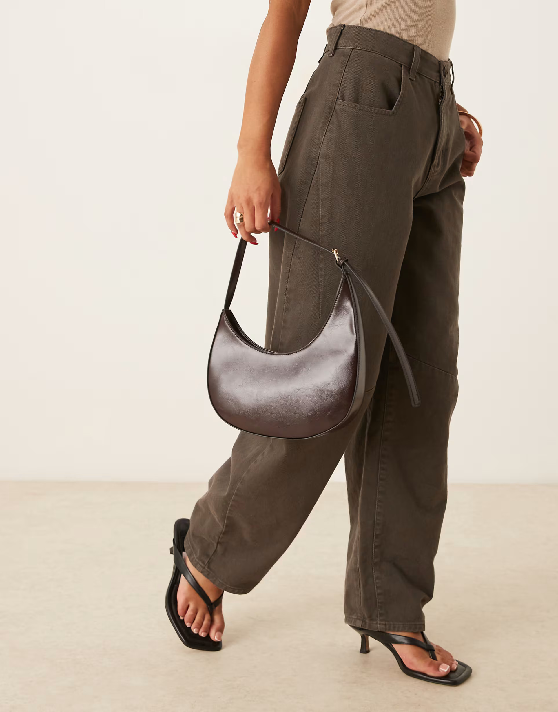 ASOS DESIGN asymmetric scoop shoulder bag with buckle detail in chocolate | ASOS | ASOS (Global)