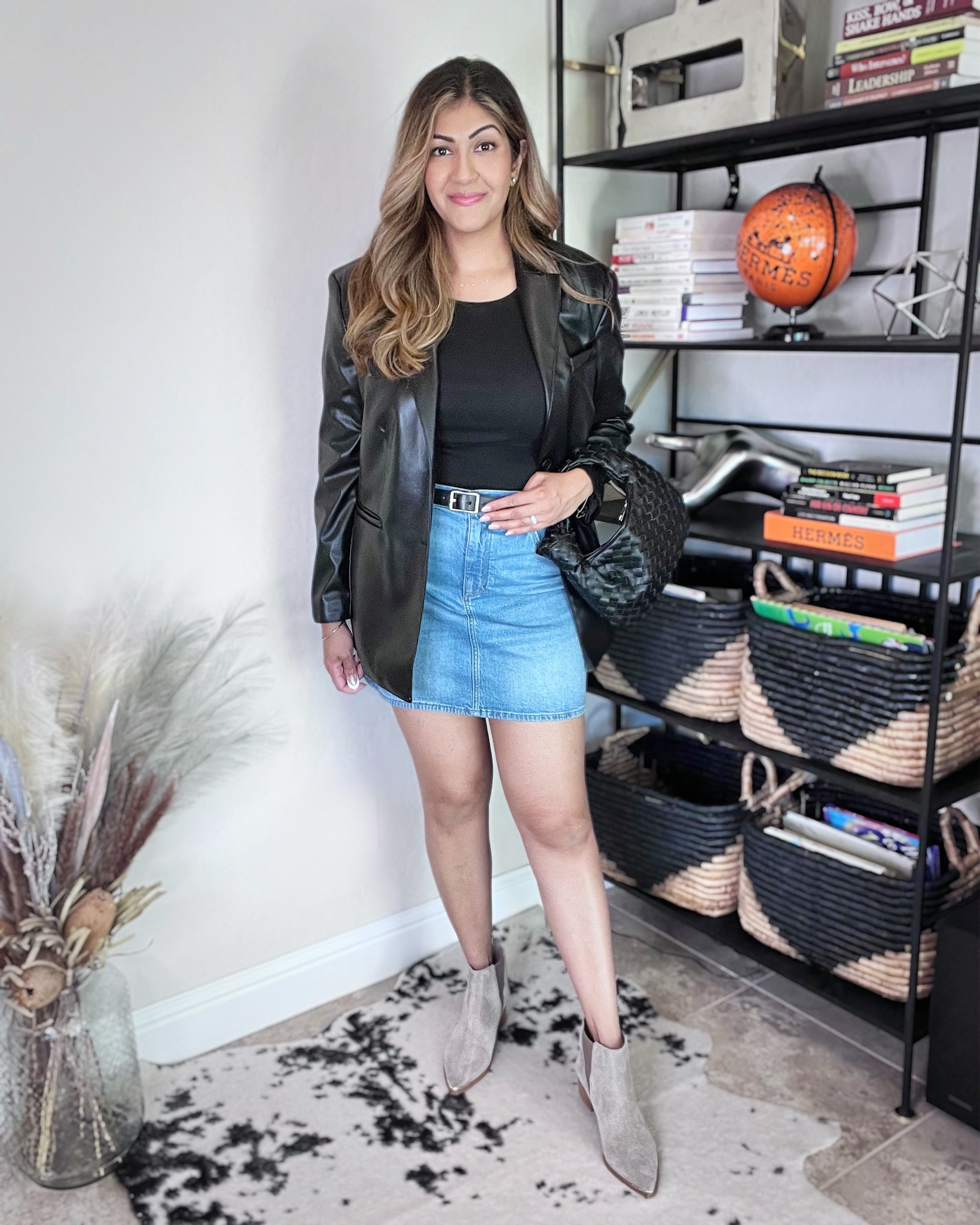 denim high waist mini skirt styled with oversized leather blazer, and grey booties. 
—
Fall transitional weather outfit 
Faux leather 
H&M fall outfits 
Target fall outfits 
Fall amazon finds 
Black and gold book shelf
Black woven storage basket
Pampas grass
Fall home decor
Halloween
Trick or treat outfit 
Cool mom outfits 
School pickup outfit 
black Bottega Veneta dupe, business casual work wear, target business casual, work outfit, fall date night outfit, tailgate outfit, college outfit, office look.

Follow my shop @Babeeta on the @shop.LTK app to shop this post and get my exclusive app-only content!

#liketkit #LTKunder50 #LTKcurves #LTKstyletip
@shop.ltk
https://liketk.it/3OHRE

#LTKcurves #LTKunder50 #LTKSeasonal