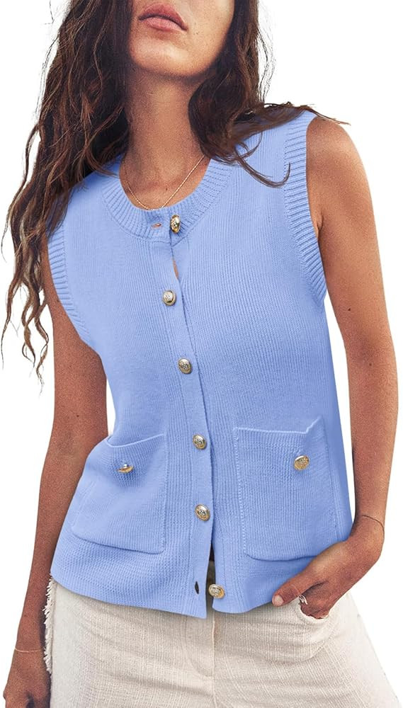 Saodimallsu Womens Summer Cropped Sweater Vest Sleeveless Button Ribbed Knit Crew Neck Cardigan V... | Amazon (US)