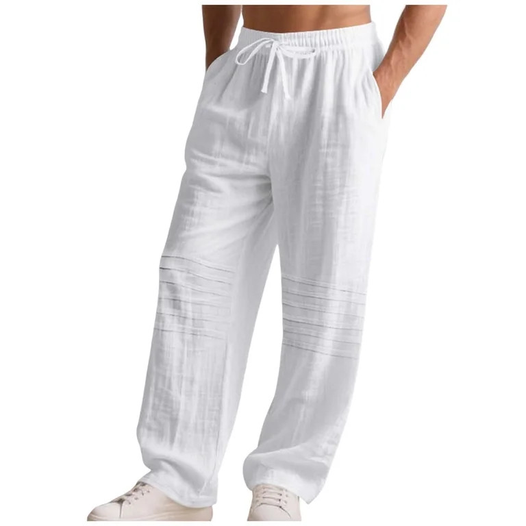 Dagugfen Cotton Linen Pants for Men Drawstring Elastic Waist Loose Vacation Soft Casual Pants Sol... | Walmart (US)