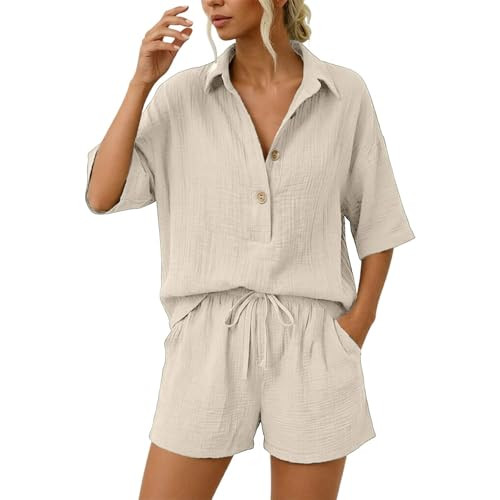 Linen Short Sets for Women 2 Piece Summer Short Sleeve Button Down Shirt Matching Set Beach Loose... | Amazon (US)