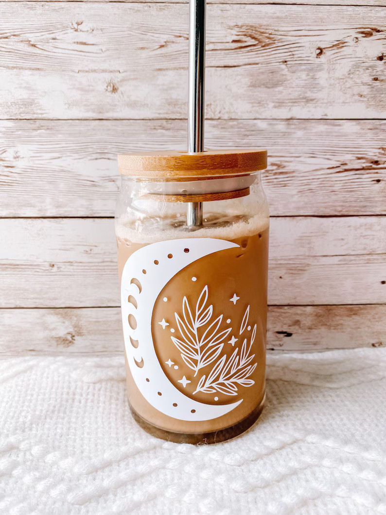 Floral Moon Iced Coffee Glass, Aesthetic Beer Can Glass, Boho Glass Can, Witchy Coffee Glass, Moo... | Etsy (US)