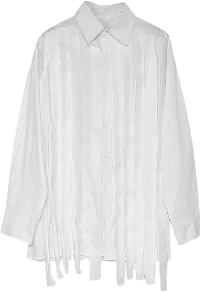 Women's White Tassel Blouses Top Full Long Sleeve Single Breast Pleated Casual Style Loose Shirt | Amazon (US)