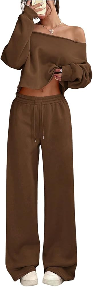 SOLY HUX Women's 2 Piece Outfits Fall Sweatsuits Off The Shoulder Crop Top Wide Leg Sweatpants Ca... | Amazon (US)