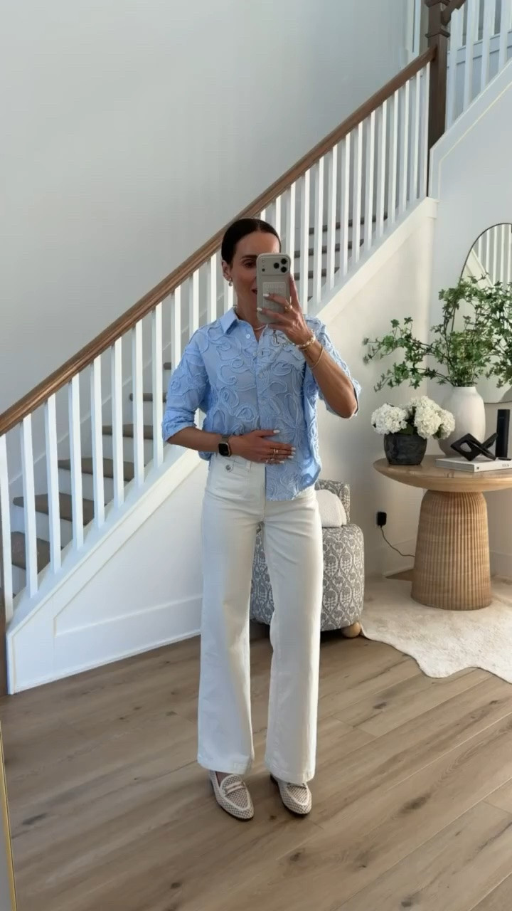 found the prettiest spring outfit 💙 this embroidered blue button down looks so elevated with white denim and these woven flats are the perfect finishing touch for work, brunch, or everyday

spring outfit idea, white jeans outfit, blue button down shirt, woven flats, chic casual outfit, effortless style, work outfit inspiration, classy spring fashion, everyday outfit, neutral spring outfit, casual chic style, wide leg white jeans, polished outfit ideas, annabrstyle

#LTKMothersDay #LTKootd #LTKSeasonal