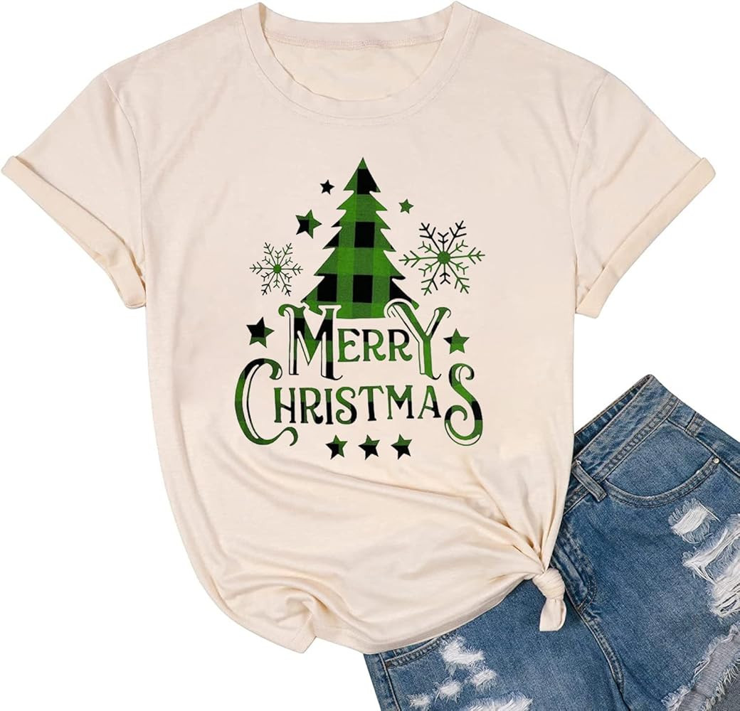 Christmas Shirts for Women Merry and Bright Christmas Shirt Xmas Tree Graphic Holiday T-Shirt Top... | Amazon (US)