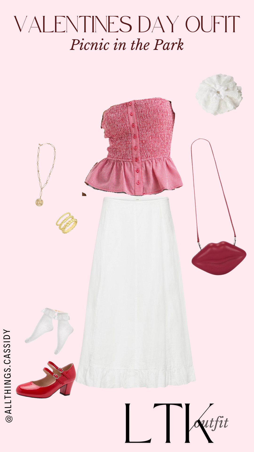 Valentines Day Outfit: Picnic in the Park 

gingham white skirt gold jewelry scrunchie girly red mary janes frilly socks fun purse outfit inspo red outfit charm necklace spring fashion  

 #LTKMostLoved #LTKSeasonal #LTKStyleTip
