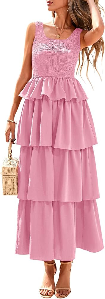 PRETTYGARDEN Womens 2025 Summer Sleeveless Midi Dress Scoop Neck A Line Smocked Ruffle Tiered Lay... | Amazon (US)