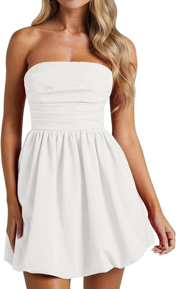 Wenrine Women's Sexy Strapless Summer Mini Dress Sleeveless Smocked A Lined Bubble Wedding Club P... | Amazon (US)