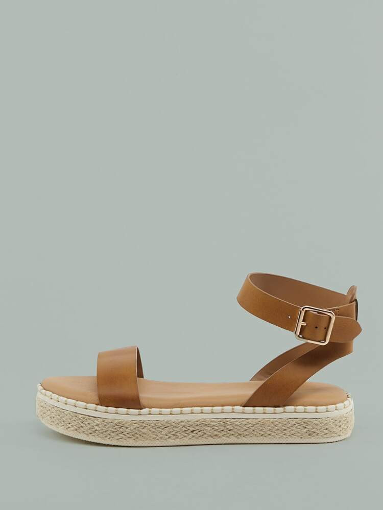 Open Toe Buckled Ankle Jute Trim Platform Sandals | SHEIN