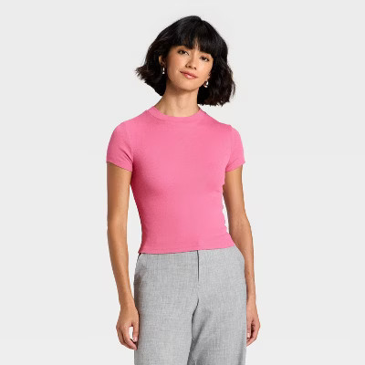 Women's Slim Fit Cropped Ribbed T-Shirt - A New Day™ Pink XS | Target