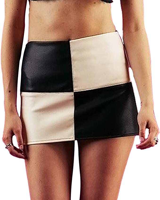 Sghenr Women's Faux Leather High Waisted Contrasting Colors Blocking Patch Mini Skirt | Amazon (US)