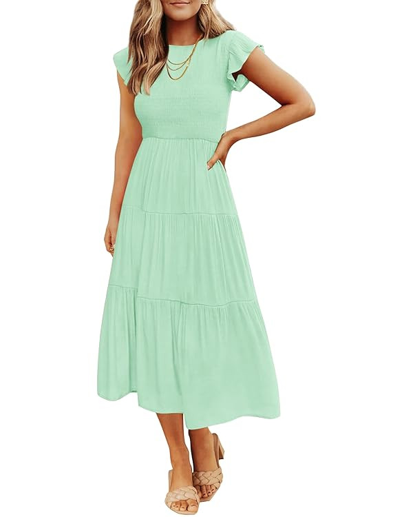 ZESICA Women's 2025 Summer Casual Flutter Short Sleeve Crew Neck Smocked Elastic Waist Tiered Mid... | Amazon (US)