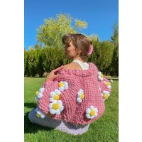 Handmade Pink Daisy Knit Cardigan 100% Merino Wool Cottagecore Sweater | Etsy (US)