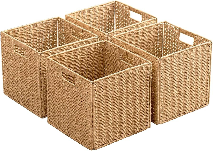 Foldable Storage Baskets with Handles Paper Rope Storage Baskets Rectangle Collapsible Hand Woven... | Amazon (US)
