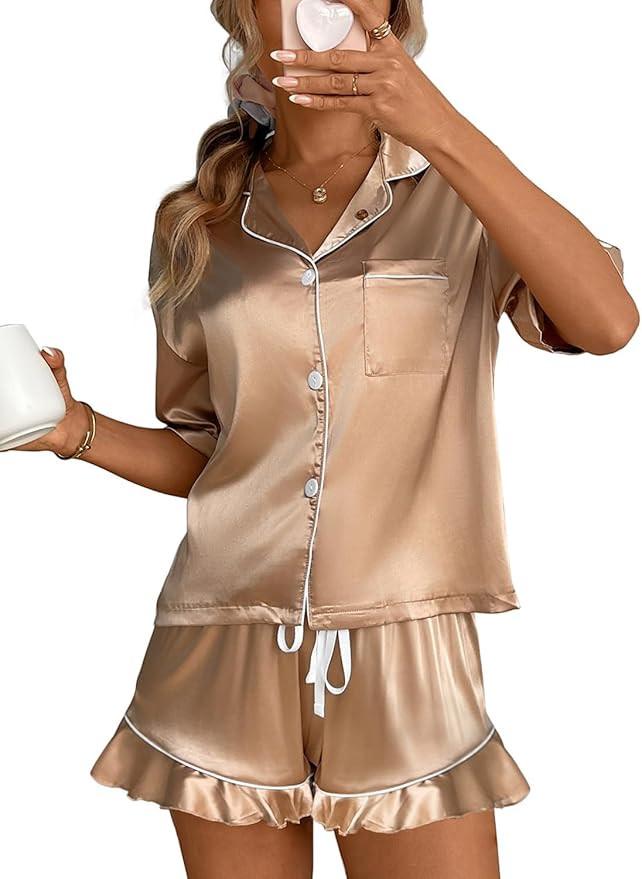 CHYRII Women's Silk Satin Pajamas Two Piece Pj Sets Short Sleeve Tops Ruffled Shorts Sleepwear wi... | Amazon (US)