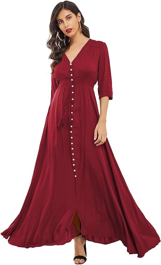 Milumia Women's Button Up V Neck Half Sleeve Split Flowy Plain Party Maxi Dress | Amazon (US)