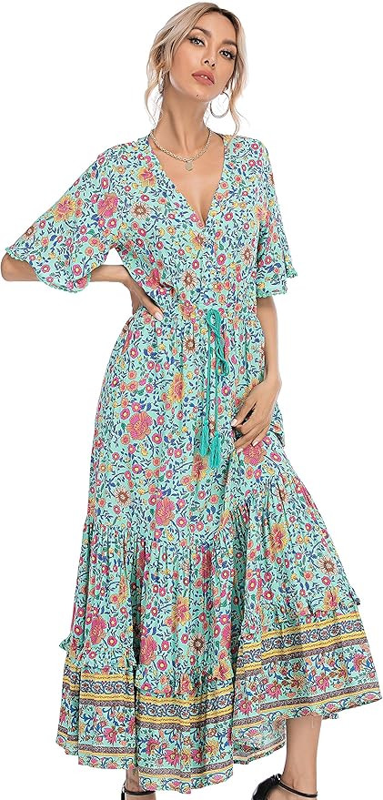 R.Vivimos Womens Summer Cotton Short Sleeve V Neck Floral Print Casual Bohemian Midi Dresses | Amazon (US)