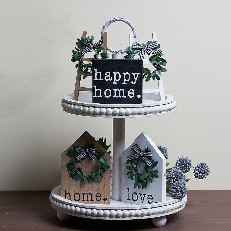 GENMOUS & CO. 2 Tiered Beaded Serving Tray Wooden Farmhouse Decorative with 3pcs Tiered Tray Deco... | Amazon (US)