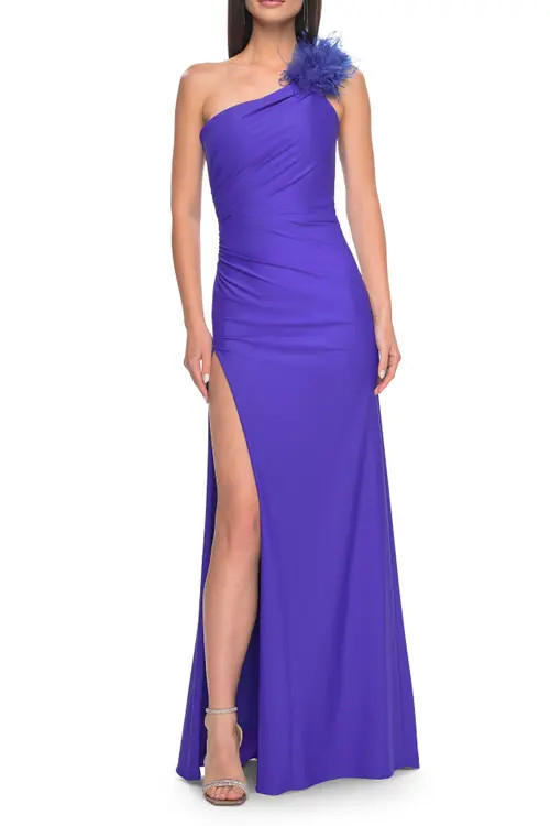 La Femme One Shoulder Jersey Gown with Feather Detail in Royal Blue at Nordstrom, Size 00 | Nordstrom