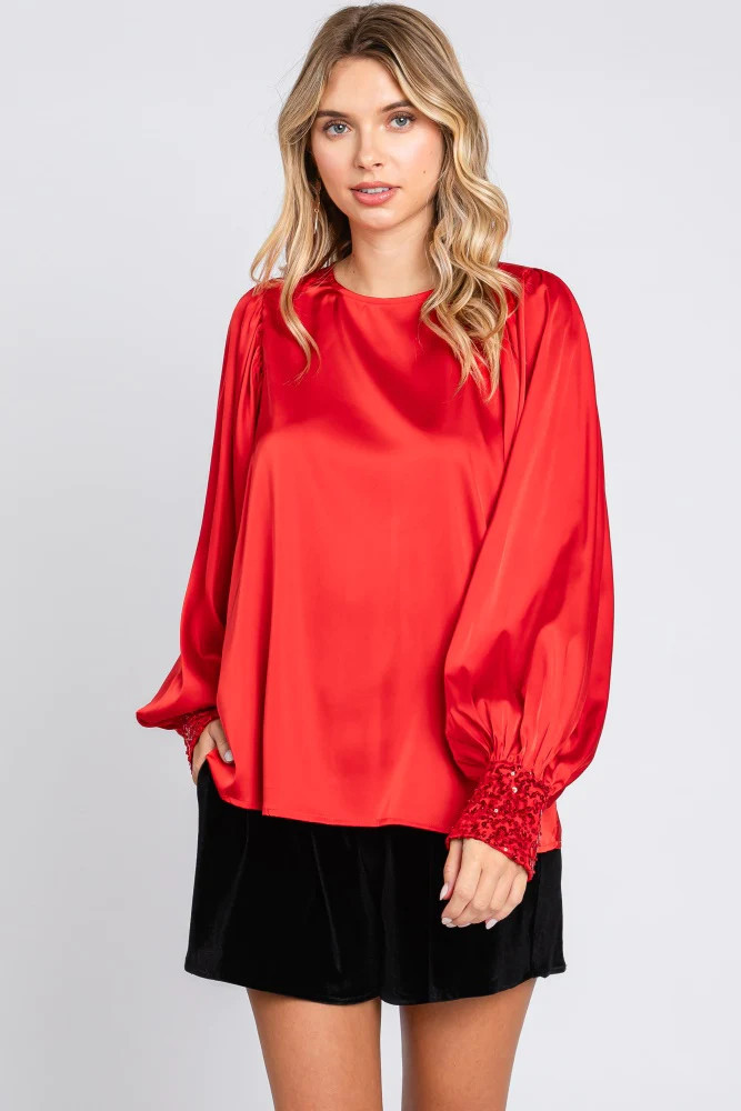 Red Satin Satin Sequin Cuff Blouse | PinkBlush Maternity