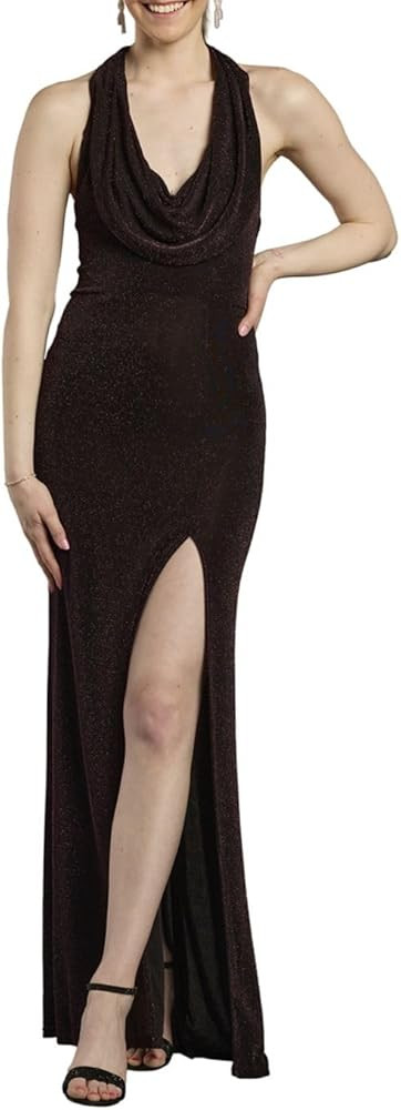 David's Bridal Metallic Plunge Neckline Halter Sheath Dress | Amazon (US)