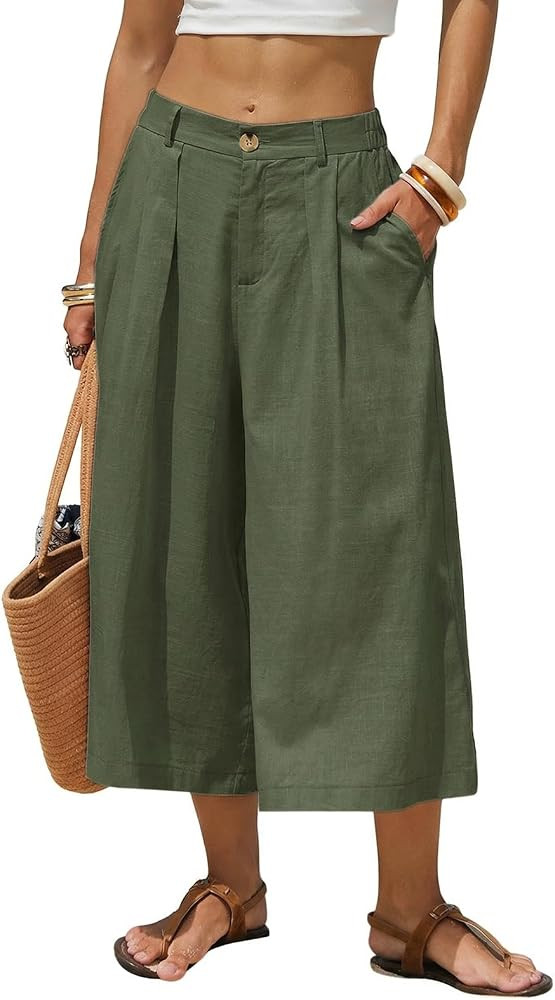 EXLURA Womens Linen Capri Pants Summer Wide Leg Palazzo Pant Cotton Dressy Casual Cropped Gaucho ... | Amazon (US)