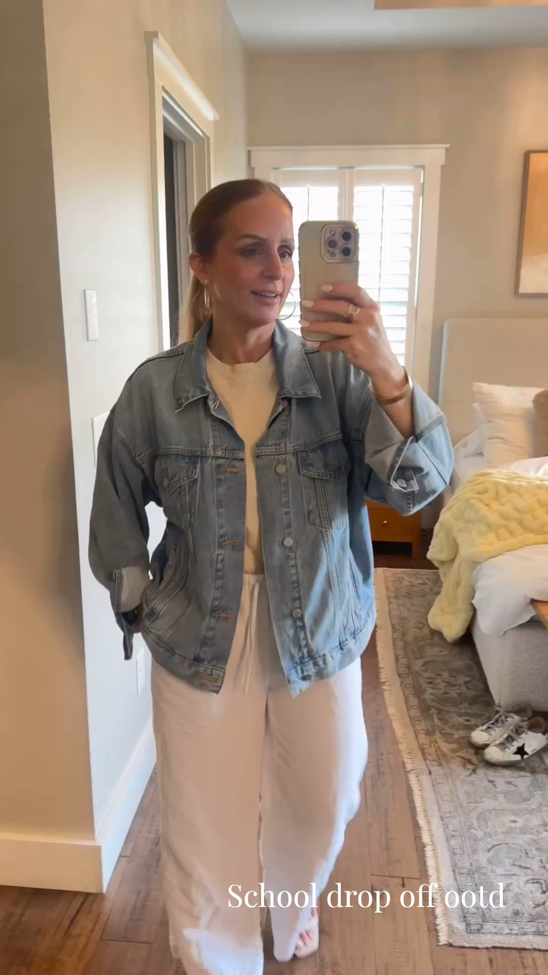OOTD for school drop off this morning!! 
Comment for questions 

Aritzia, nuuds, golden goose, Kendra Scott, Miranda Frye jewelry, denim jacket, fall fit, white pants, drawstring, gold, blue & white, cozy style 
@Aritzia @nuuds

#LTKdayinmylife #LTKmomlife #LTKootd
