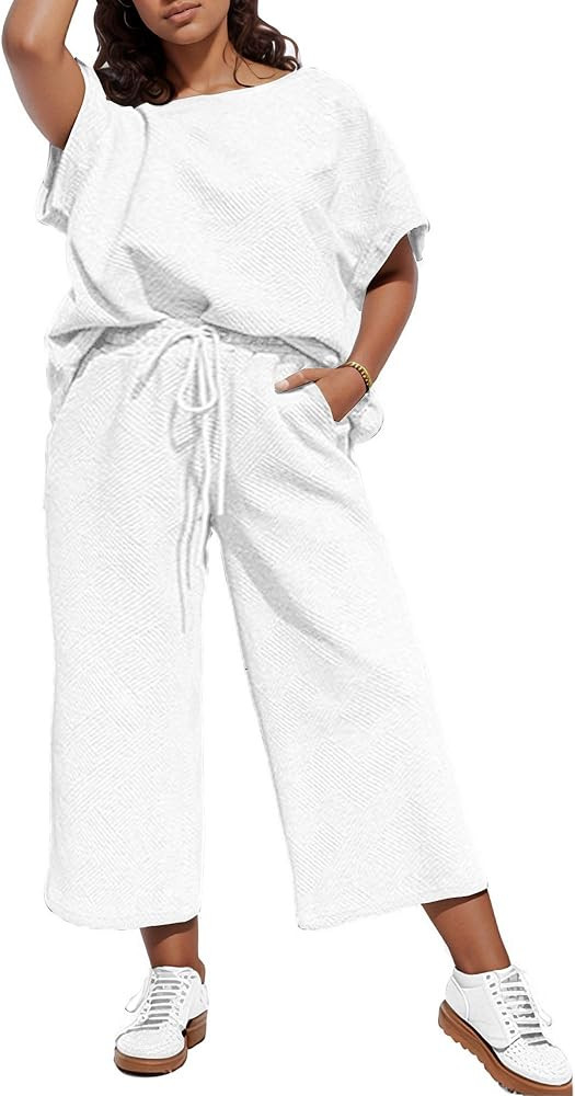UOUA Womens Plus Size Sweatsuit 2 Piece Outfits Summer Short Sleeve Tops Wide Leg Pants Tracksuit... | Amazon (US)