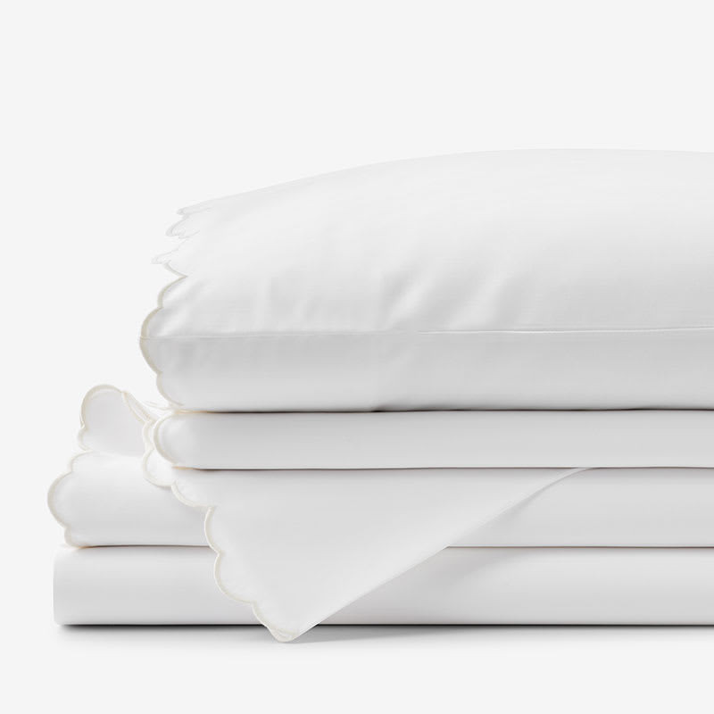 Embroidered Scallop Classic Smooth Sateen Solid Bed Sheet Set - Ivory, Twin | The Company Store
