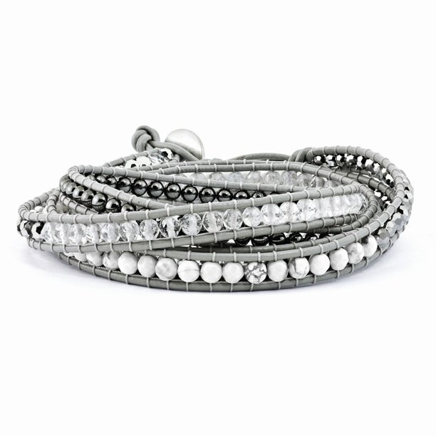 .925 Sterling Silver Crystal/Hematite/White Howlite Bead Leather Multi-wrap Bracelet | Walmart (US)