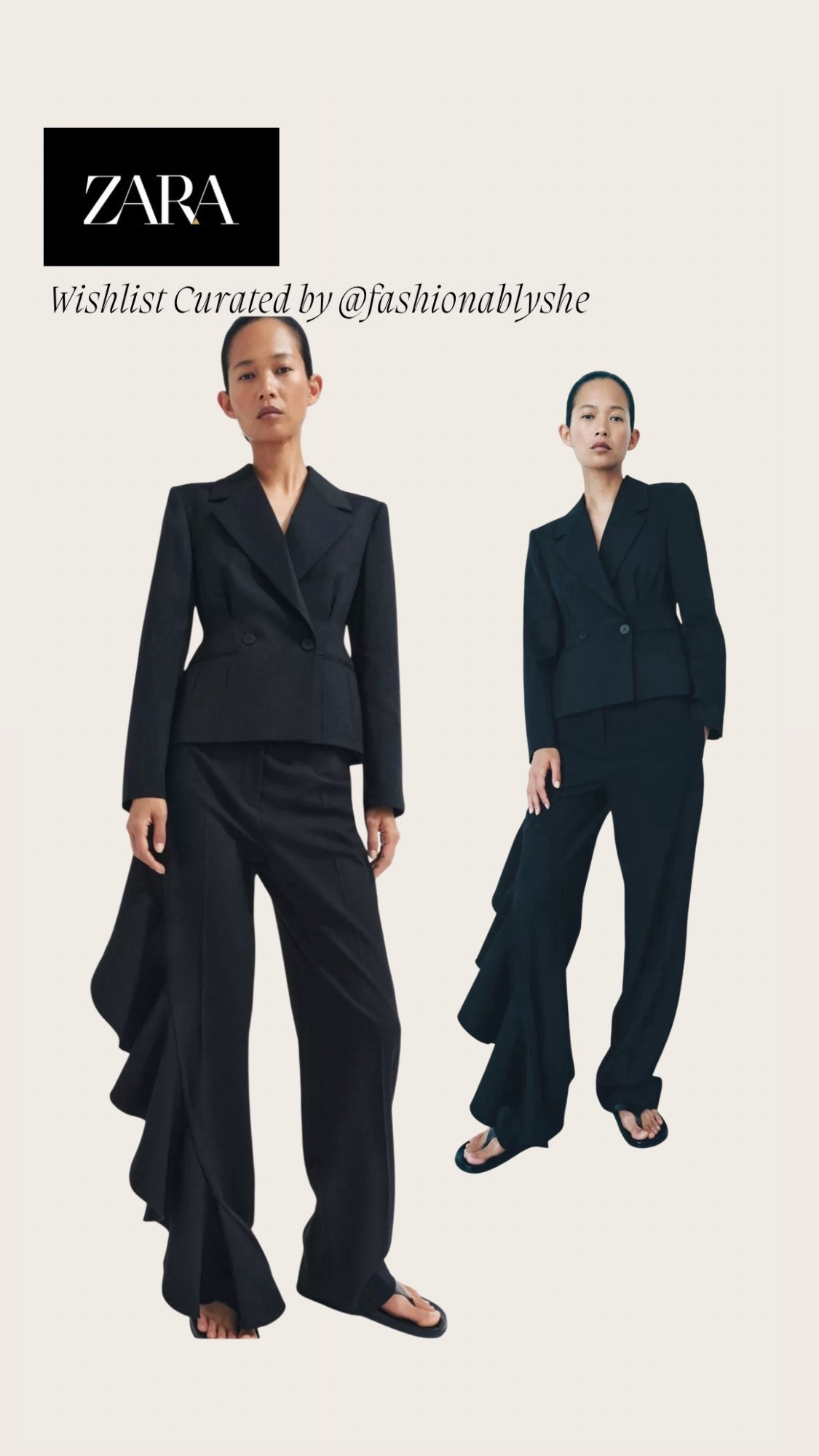 Zara black suit with ruffle side leg 

#LTKdayinmylife #LTKmomlife #LTKOver40