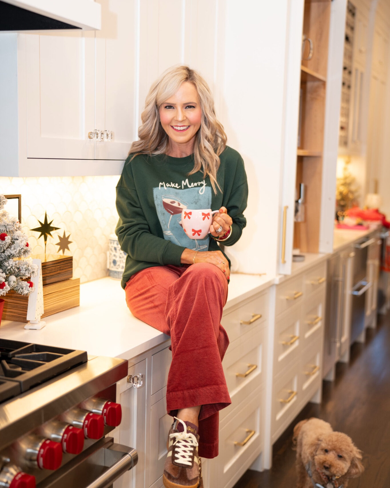 Tucker totally approved this outfit!! cozy and cute in corduroy and seasons greetings with a festive sweatshirt too • wearing small in top and 24 in cords and all 30% off with natasha30 || 

#LTKSaleAlert #LTKCyberWeek #LTKmomlife