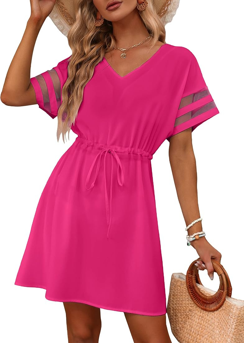 BMJL Womens Swimsuit Coverup Beach Dress V Neck Chiffon Bathing Suit Cover Ups Swimwear | Amazon (US)