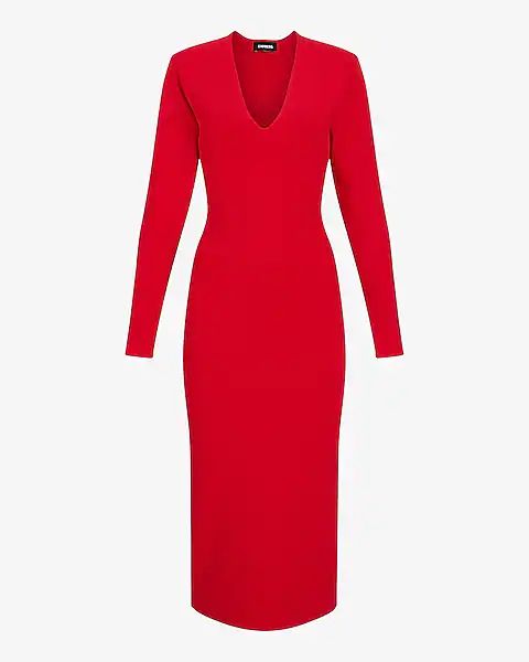 V-Neck Long Sleeve Padded Shoulder Back Cutout Midi Sweater Dress | Express