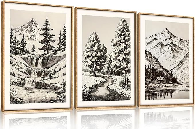 HOURIA Vintage Sketch Pine Tree Mountain Framed Canvas Wall Art Set,Moody Retro Antique Wildernes... | Amazon (US)