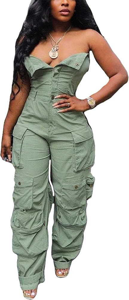 Tbahhir Women's Sexy Off Shoulder Tube Denim Cargo Jumpsuits Wide Leg Baggy Loose Jean Pants Romp... | Amazon (US)