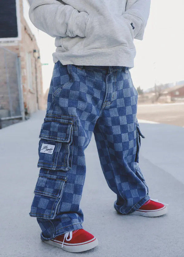 Little Trouble Checkered Baggy Jeans Blue | Little Trouble