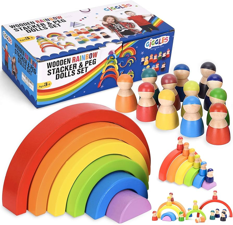 Wooden Rainbow Stacking Toy Playset – 6 Colorful Stacking Blocks & 12 Wooden People, Rainbow Ba... | Amazon (US)