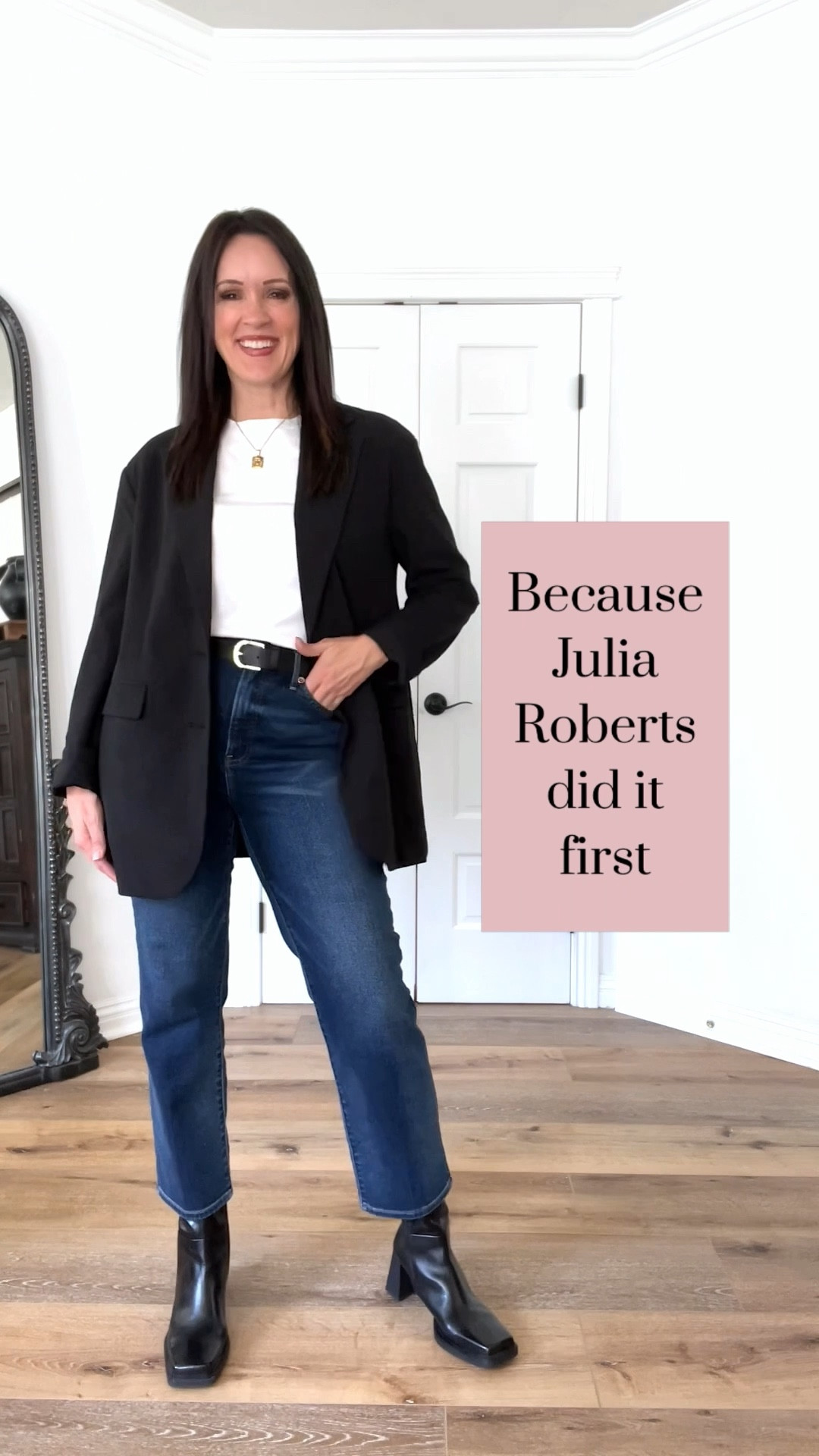 Never underestimate the power of the blazer & t-shirt combo!

Sizing:
Blazer-wearing small
Tee-wearing small 
Jeans-TTS 
Boots-linked similar 

Look 2:
Jeans-Zara, will link on IG
Shoes-TTS, size up if in between

Look 3:
Jeans-Thrifted Levi’s
Shoes-TTS

Look 4:
Trousers-size up
Shoes-old

Look 5:
Flare jeans-Spanx, size up (wearing medium). Use code TRACYXSPANX for 10% off plus free shipping. 

Date night | lunch date | day date | casual look | ankle denim | cropped denim | workwear .| beige trousers | black booties | pointed toe boots | round raybans | Julia Roberts | pretty woman | neutral heel pump | black blazer | Target style 




#LTKunder100 #LTKstyletip #LTKunder50