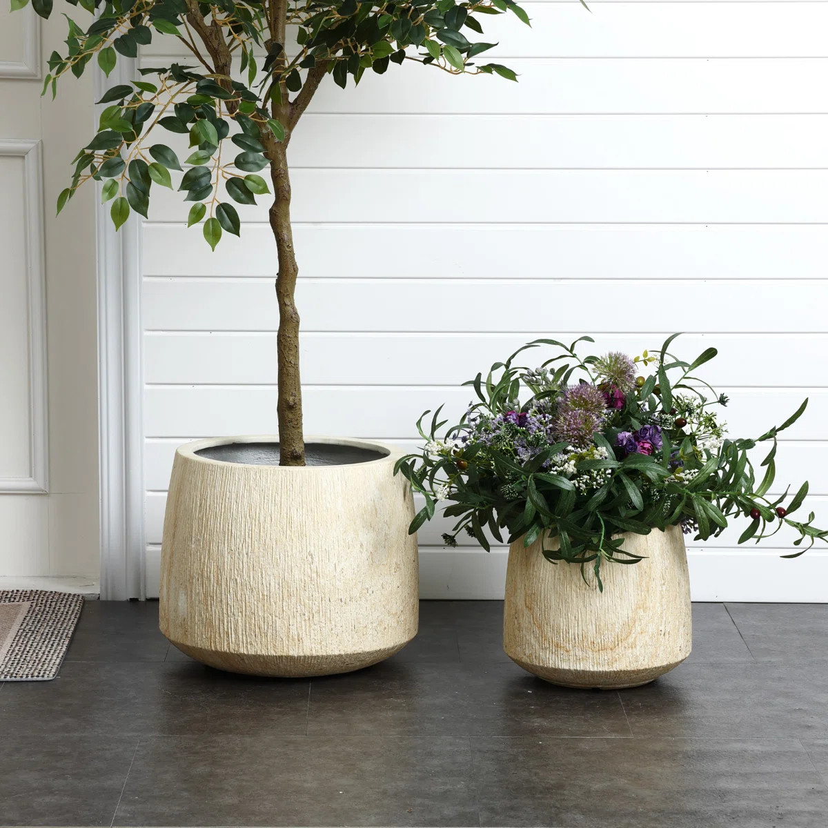 15.8'' D 2-Piece Round Planter Set, Faux Marble Ribbed Indoor Outdoor Flower Pots with Drainage H... | Wayfair North America