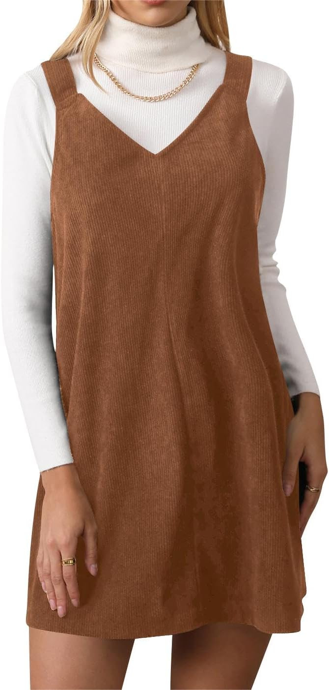 Milumia Women V Neck Corduroy Overall Dress 2025 Fall Mini Pinafore Jumper Dress | Amazon (US)