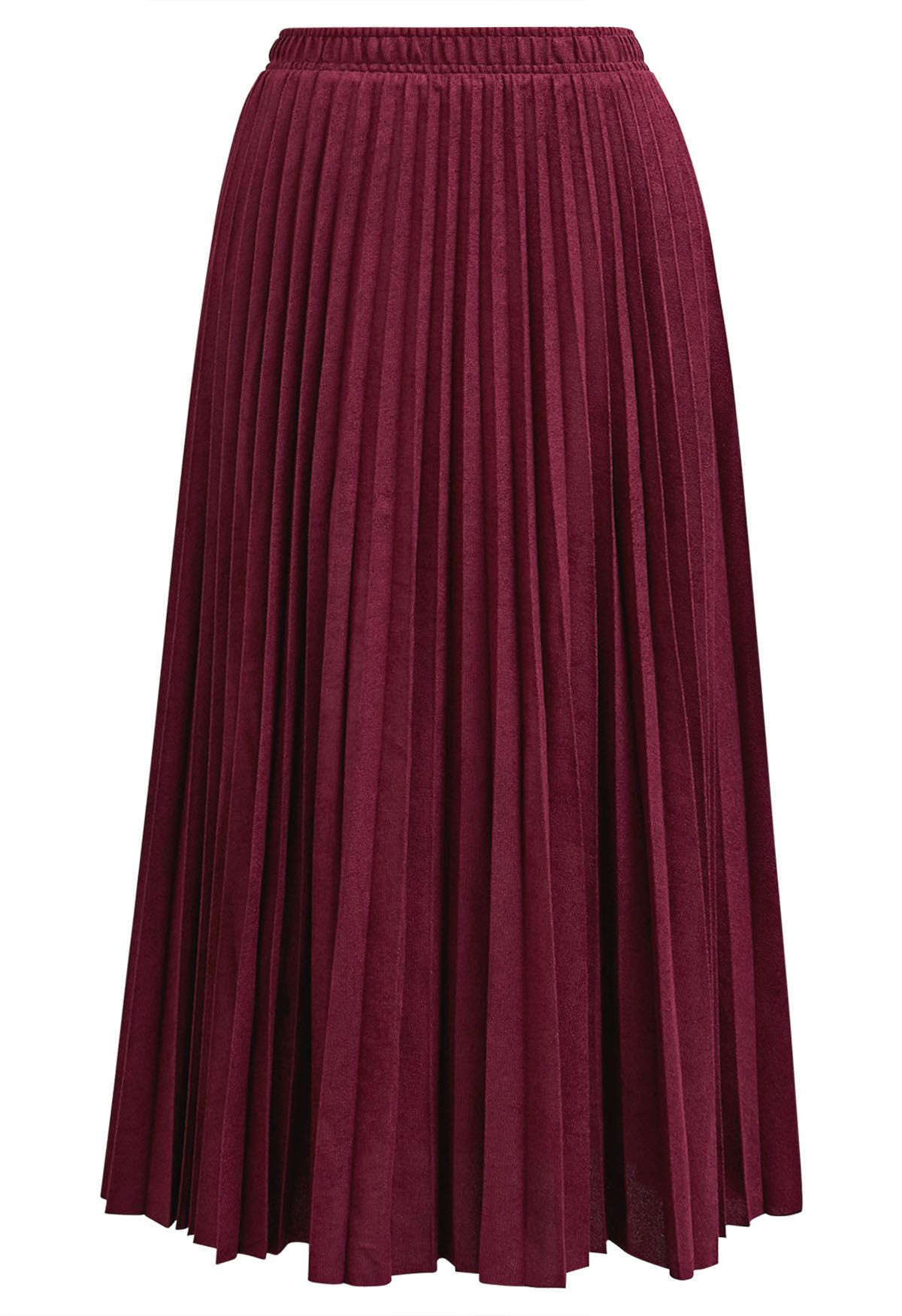 Retro-Inspired Suede Pleated Midi Skirt in Burgundy | Chicwish