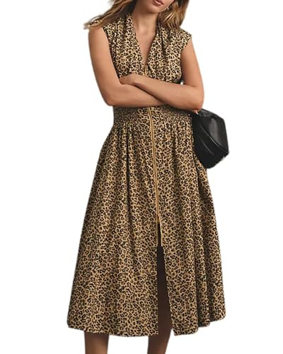YEMOCILE Womens Leopard Print Zip Midi Dress Sleeveless Smocked High Waist Flowy Dresses Casual A... | Amazon (US)