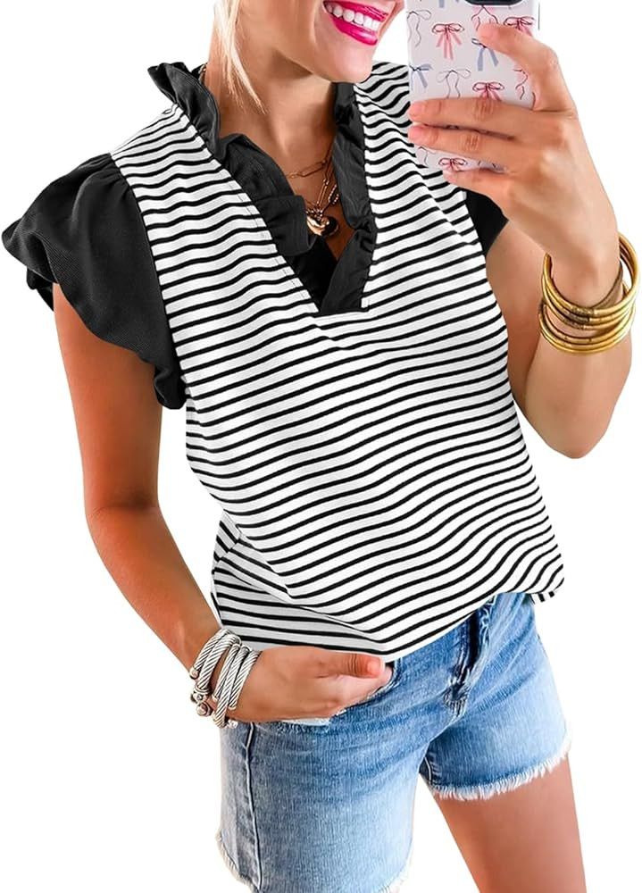 Tankaneo Womens Ruffle Cap Sleeve Tank Tops Cute Summer Striped Shirts Puff Sleeve Pleated V Neck... | Amazon (US)